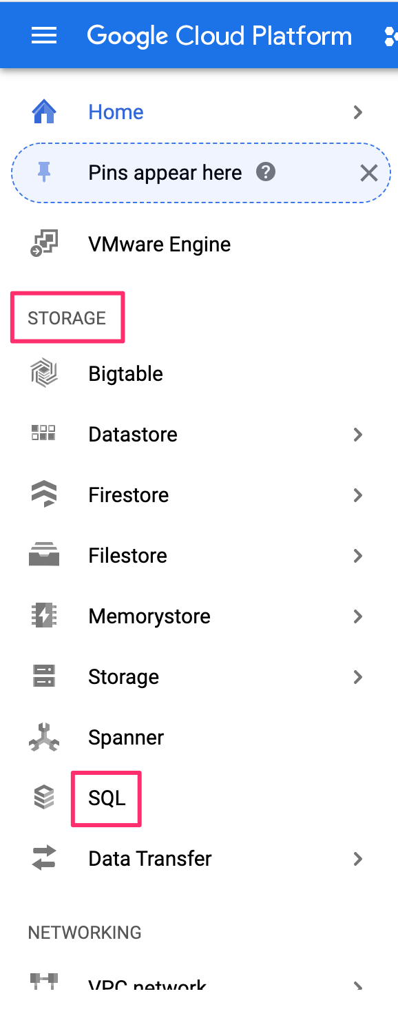 Navigate to SQL in GCP