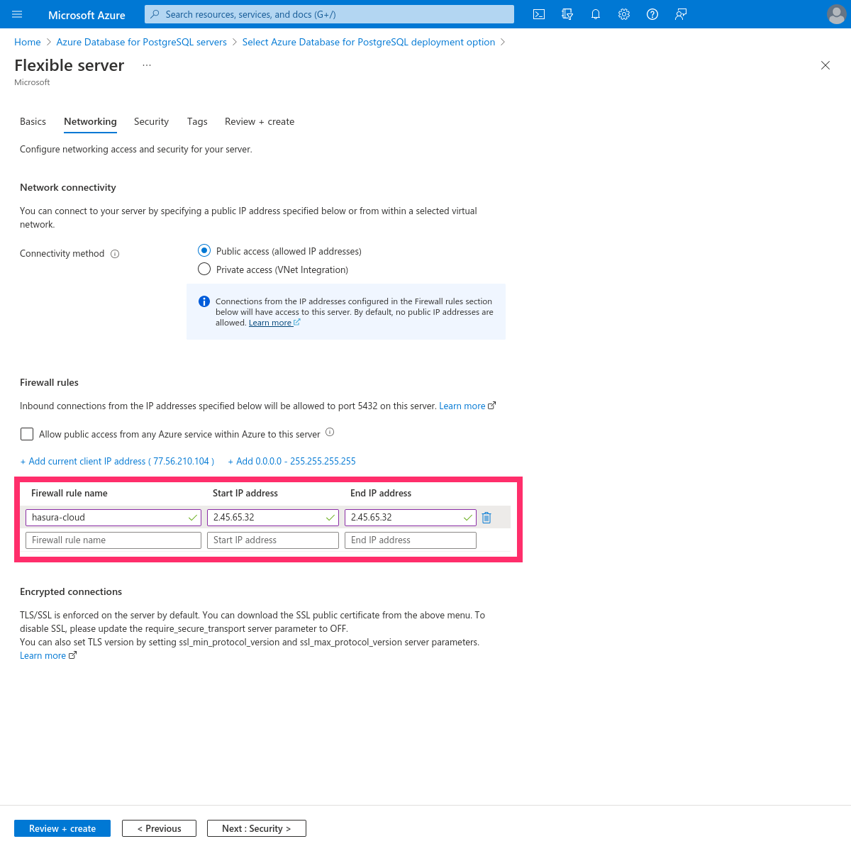 Add Hasura IP on Azure