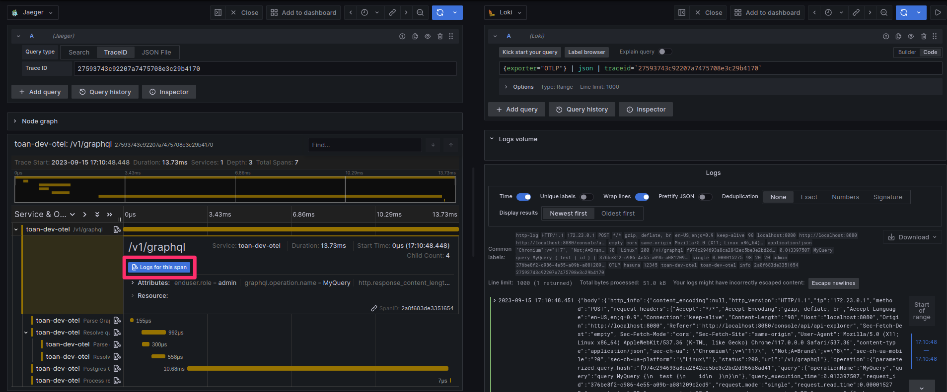 Jaeger traces and Loki logs correlation