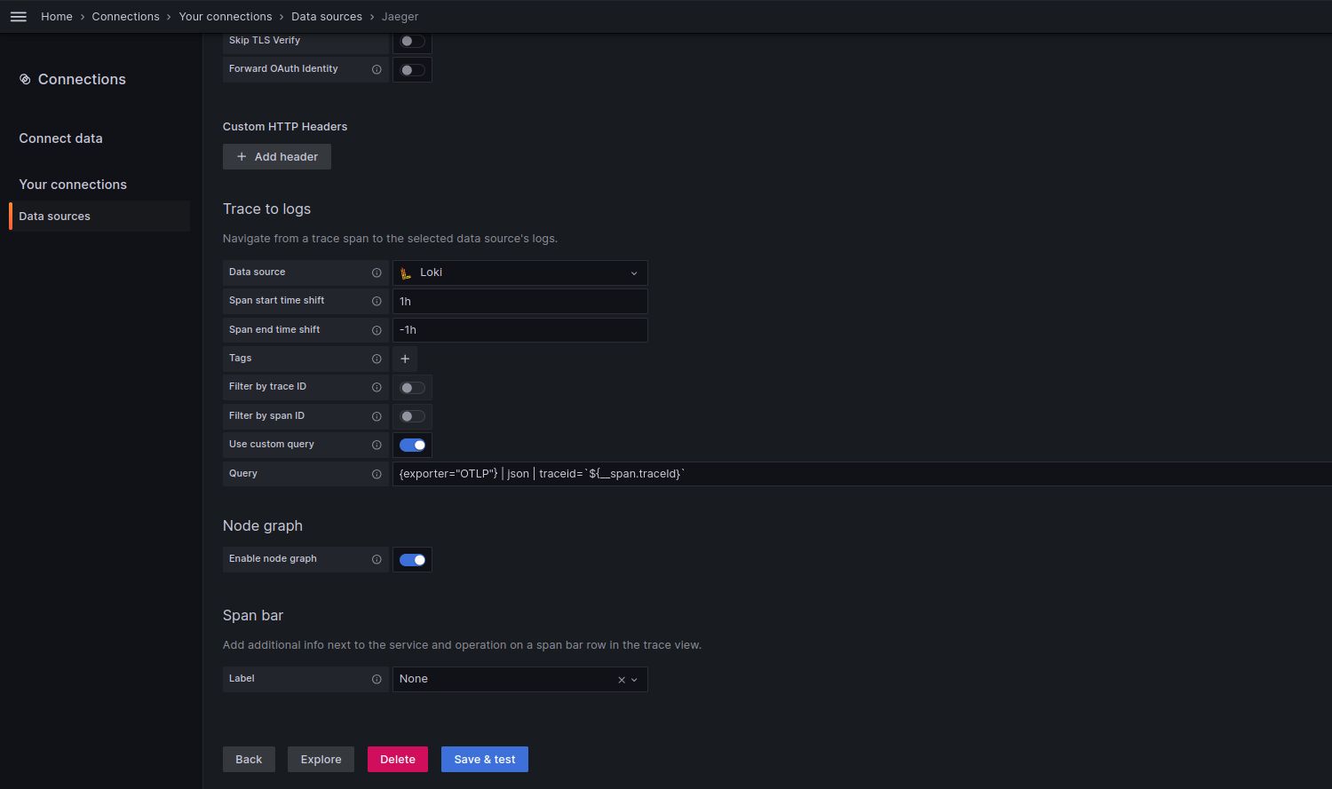 Jaeger traces and Loki logs correlation config