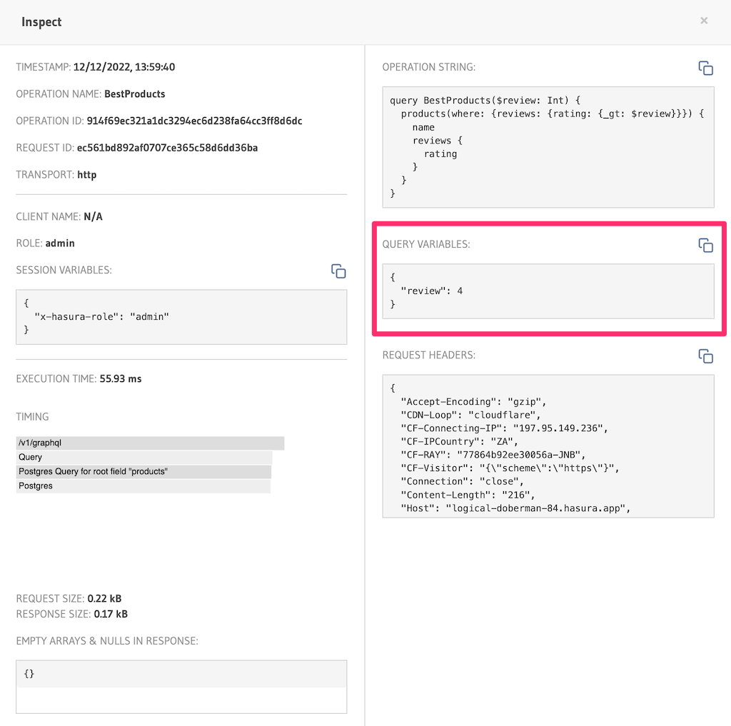 Hasura Cloud Console Operations capture query variables