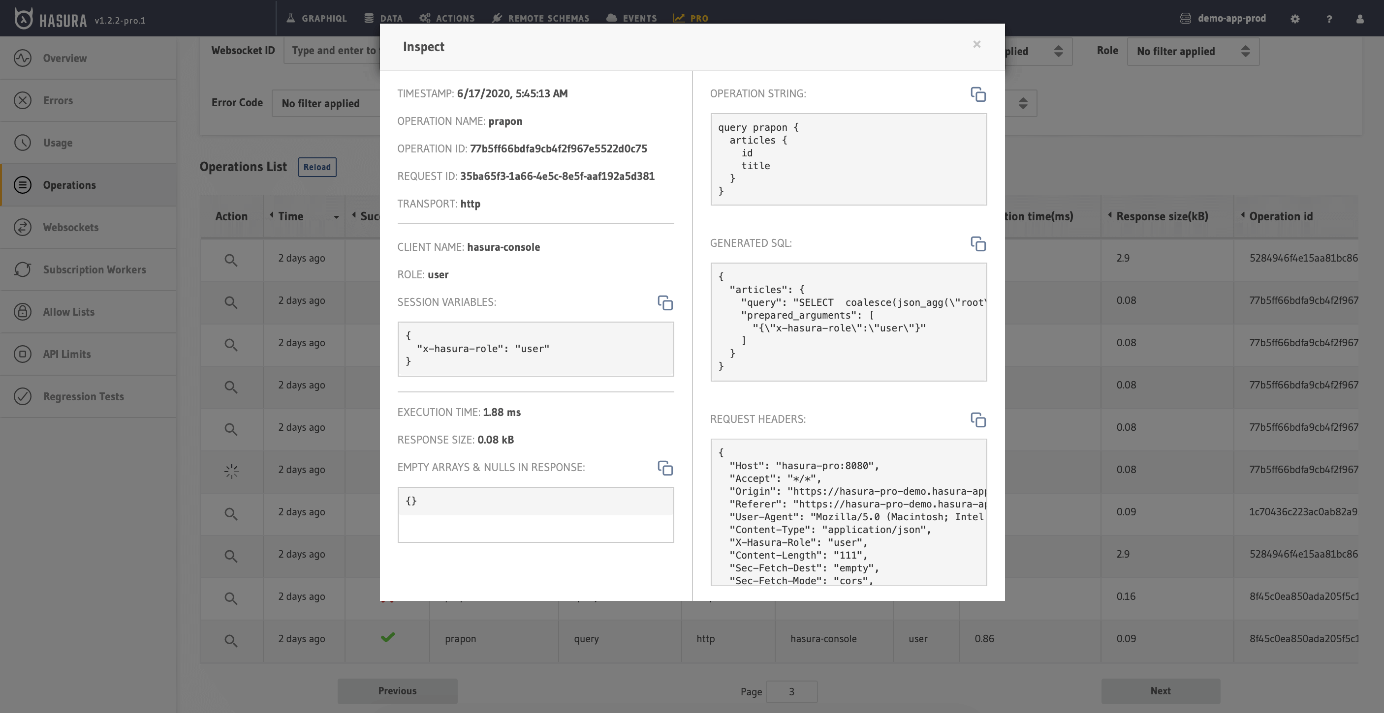 Hasura Cloud Console inspect an operation