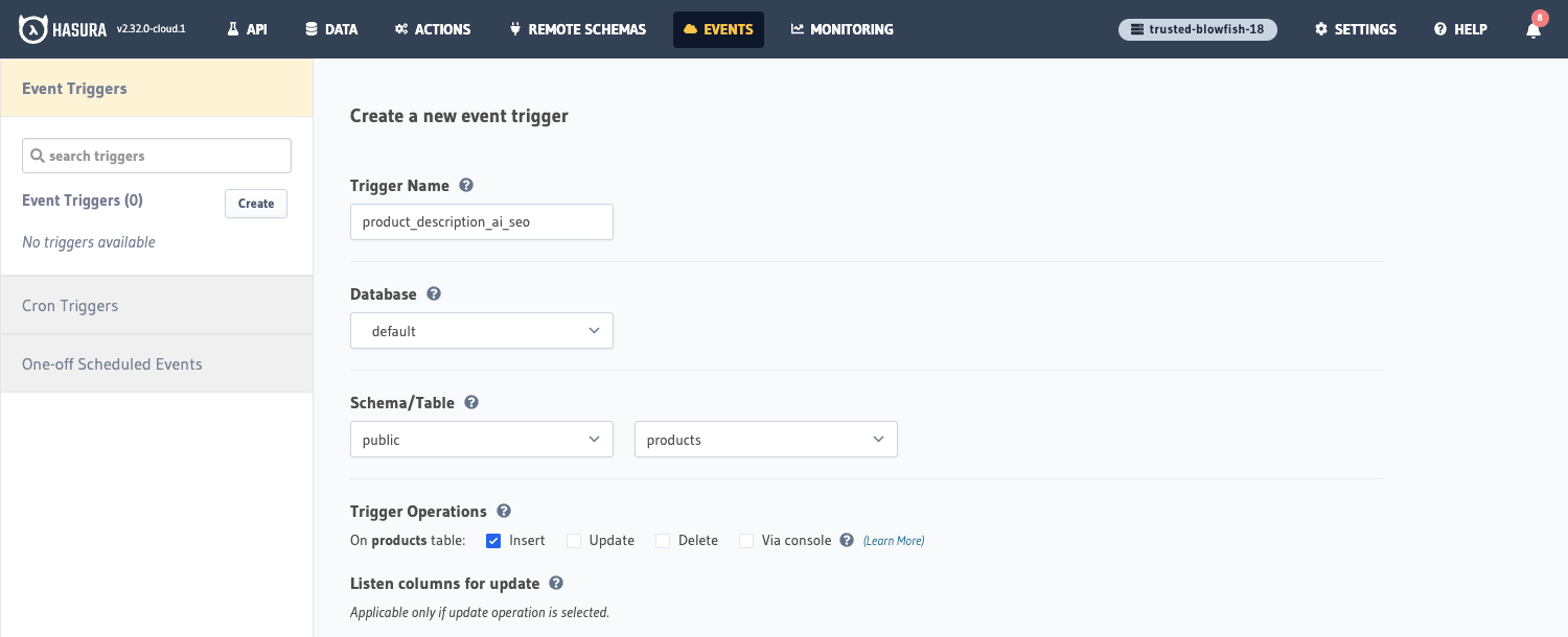 Create Hasura Event Trigger