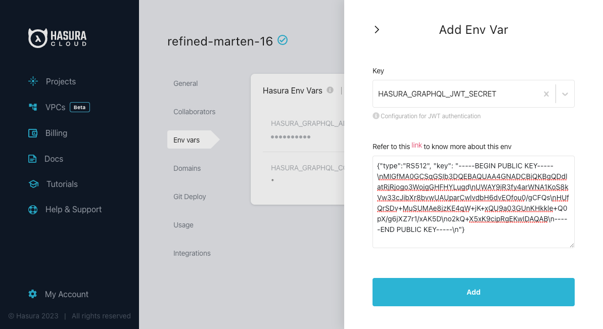 Hasura project add jwt config environment var