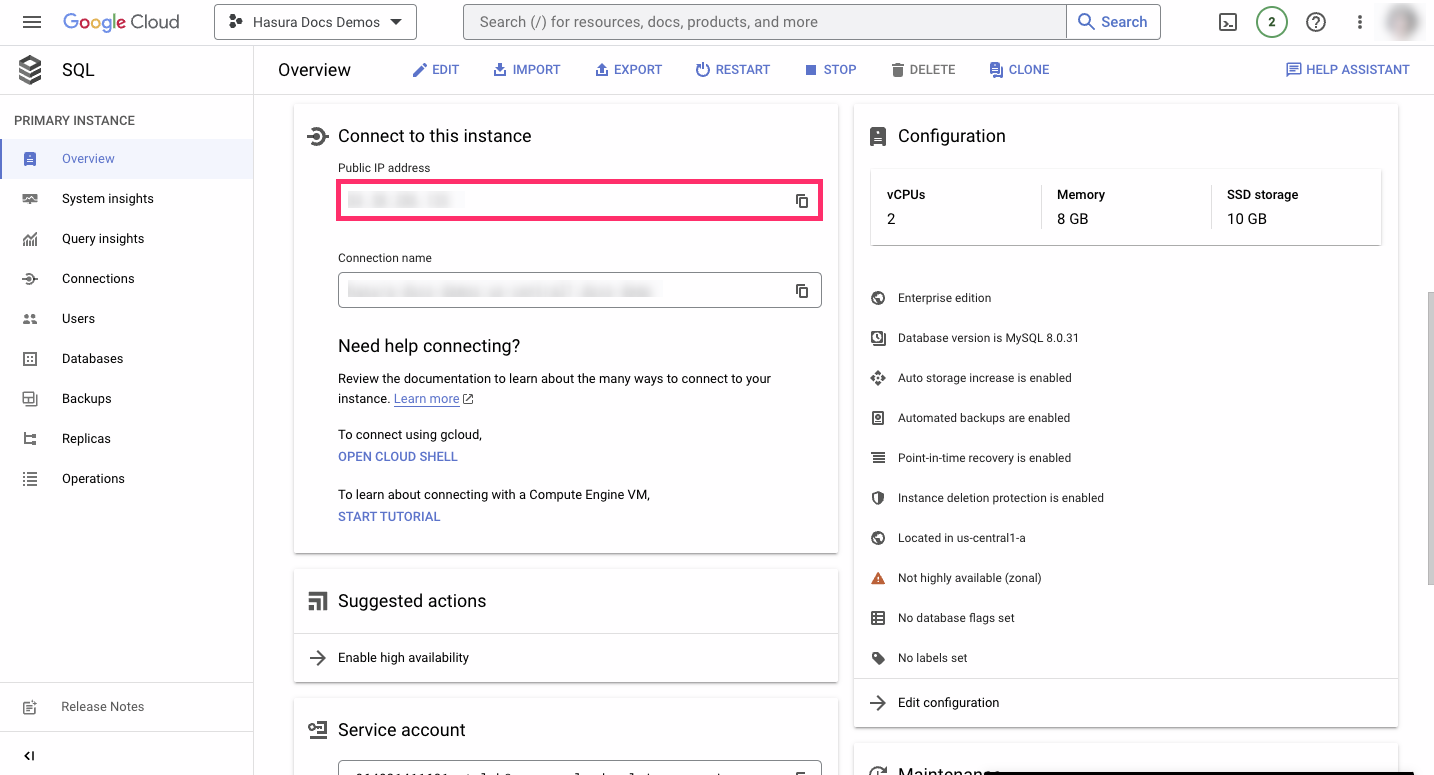 Find the public IP for a GCP MySQL database