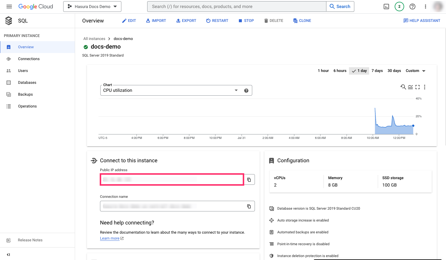 Find the public IP for a Google Cloud SQL MS SQL Server database