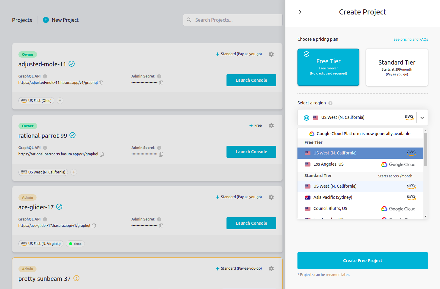 select regions while project creation