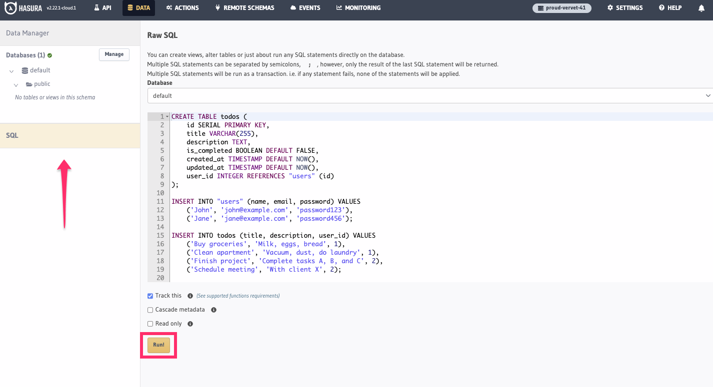 Running SQL in the Hasura Console