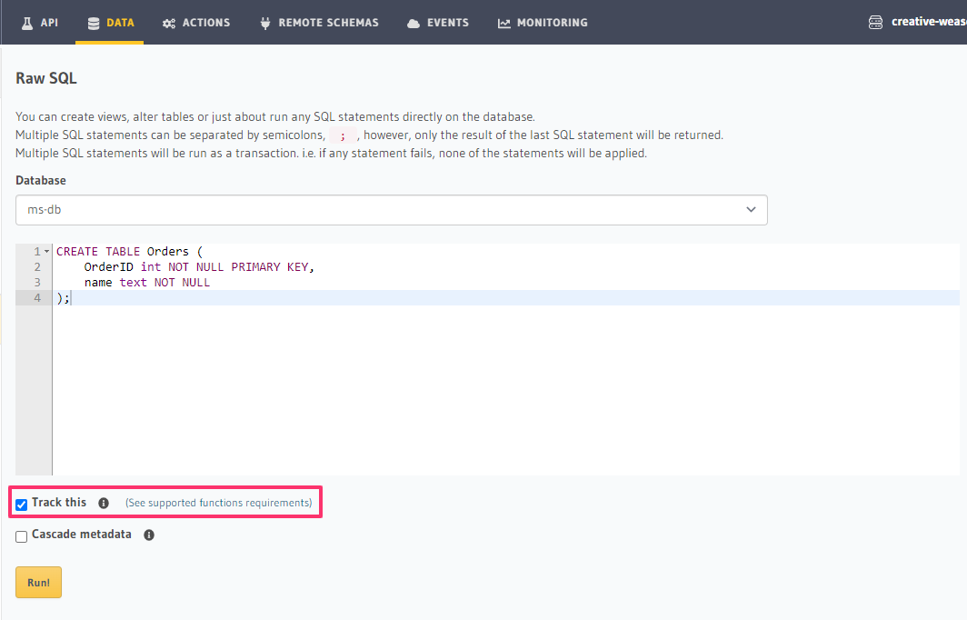 Run SQL to create table