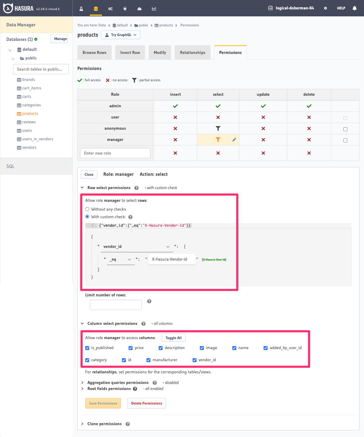 Access control for a manager of an vendor