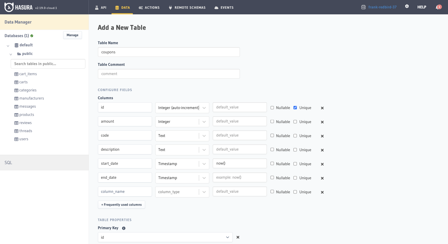 Schema create table