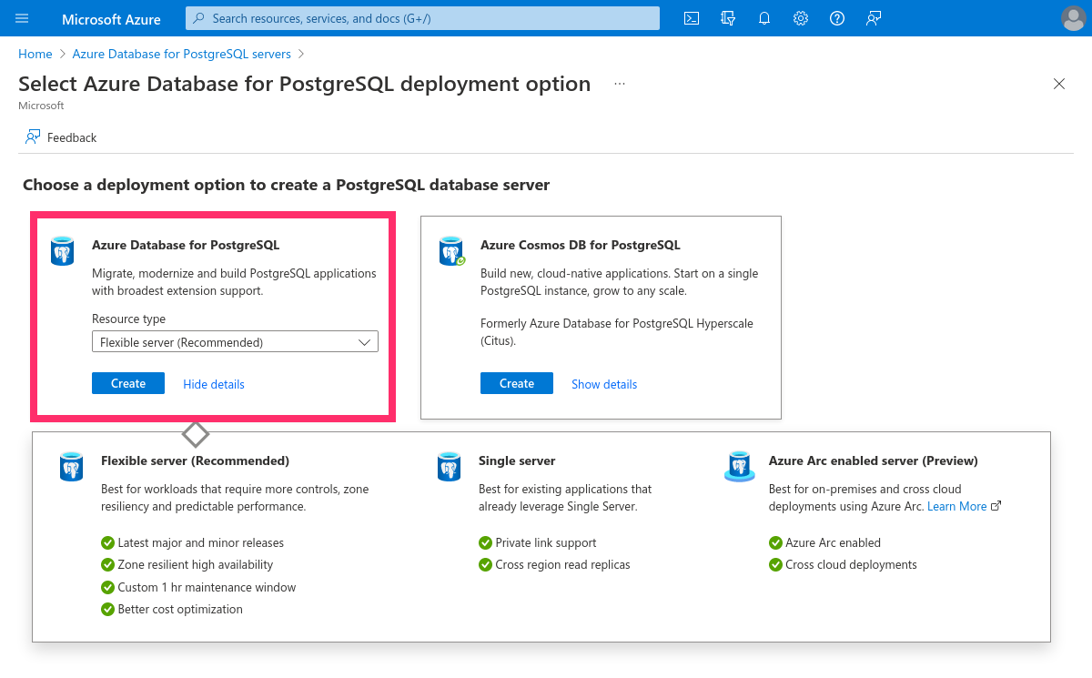Select 'Flexible server' on Azure
