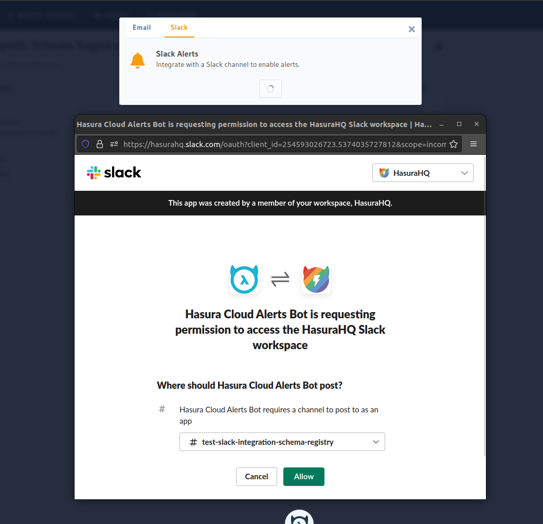 Hasura Cloud Schema Registry Select Slack Channel