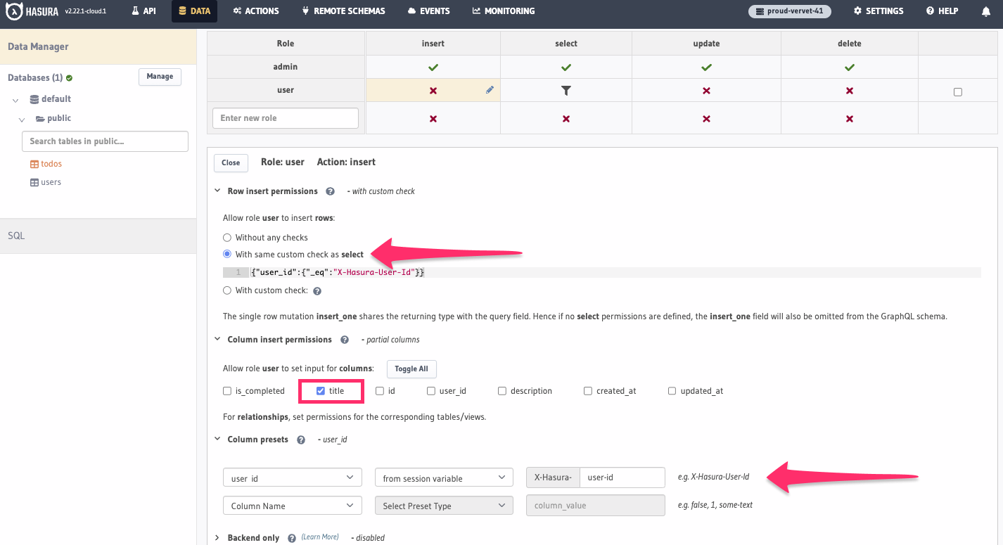 Setting permissions for the todos table