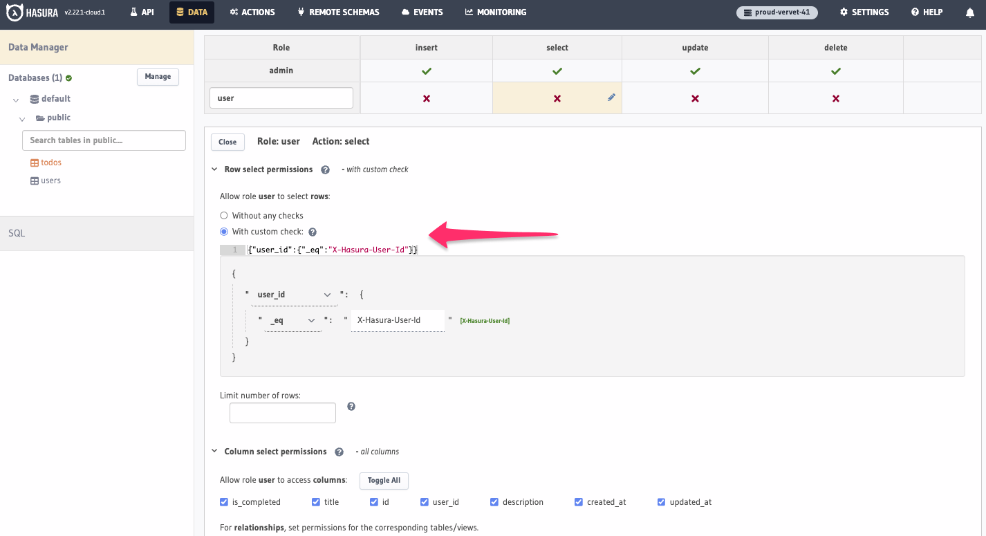 Setting permissions for the todos table