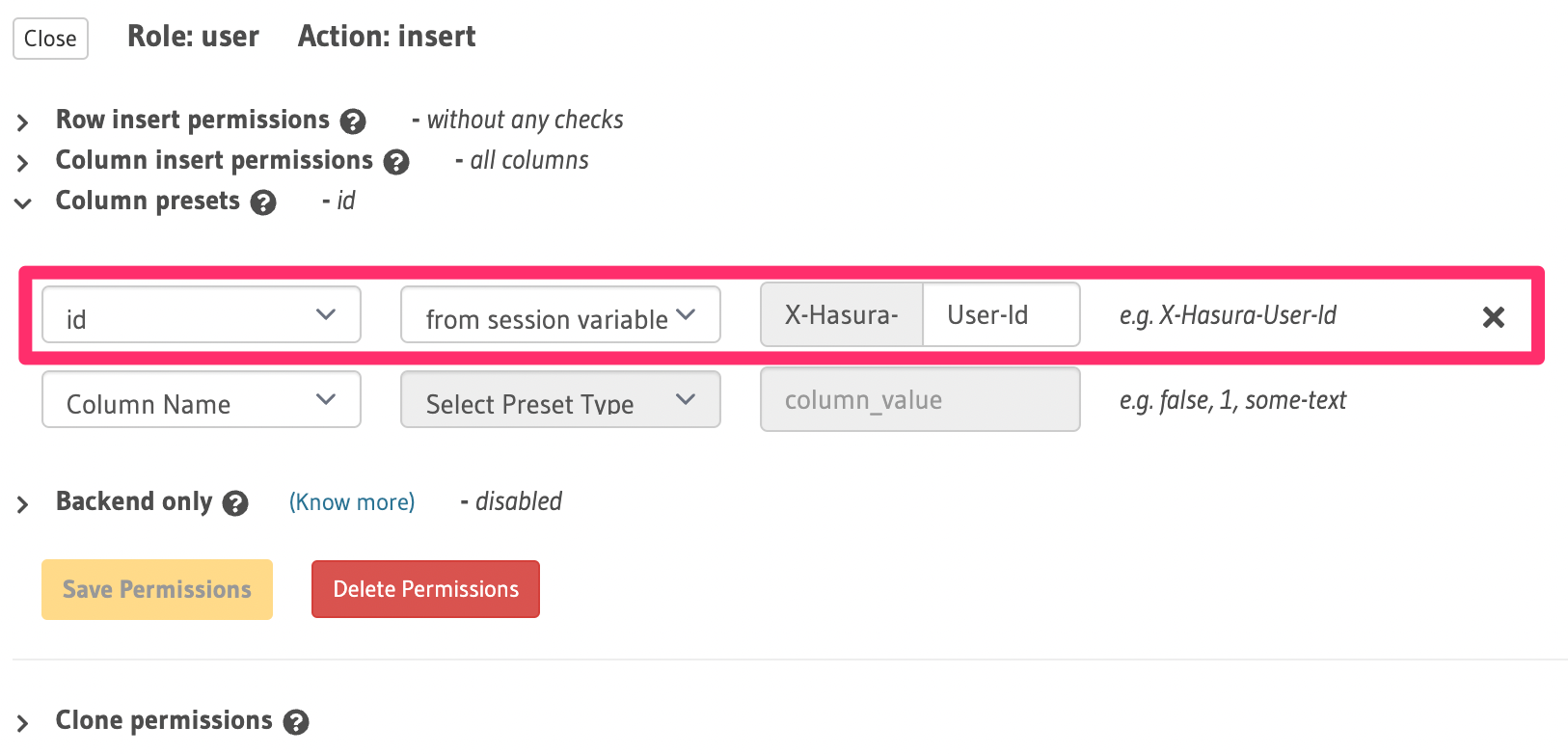 Set column preset