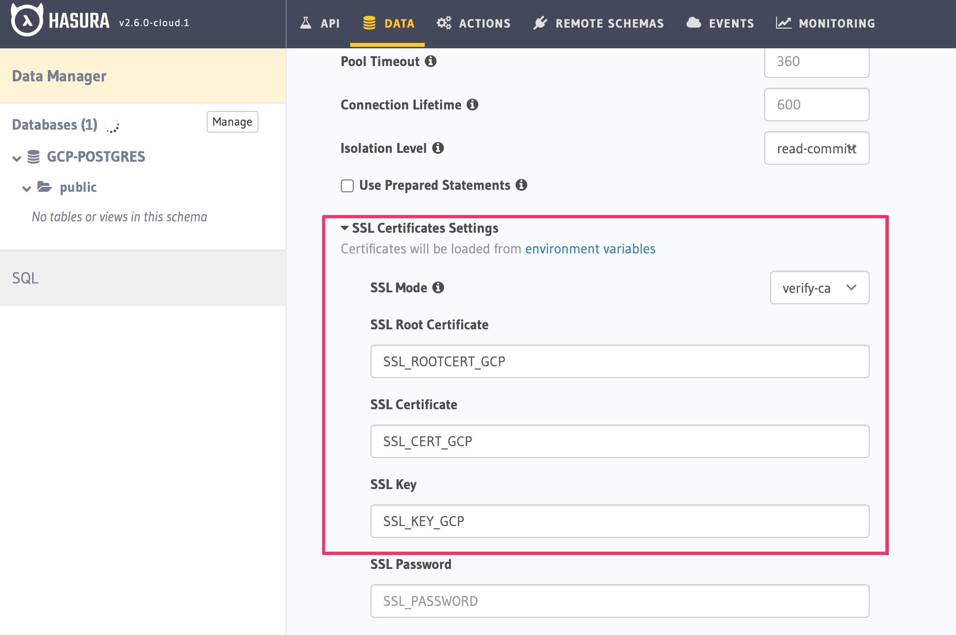 Hasura Console SSL Config Setup