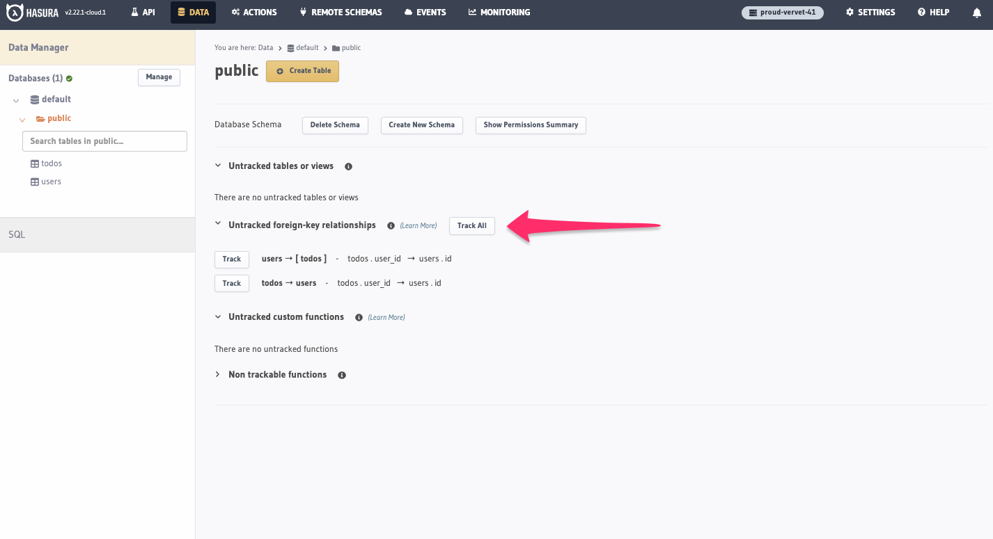 Tracking all relationships in the Hasura Console