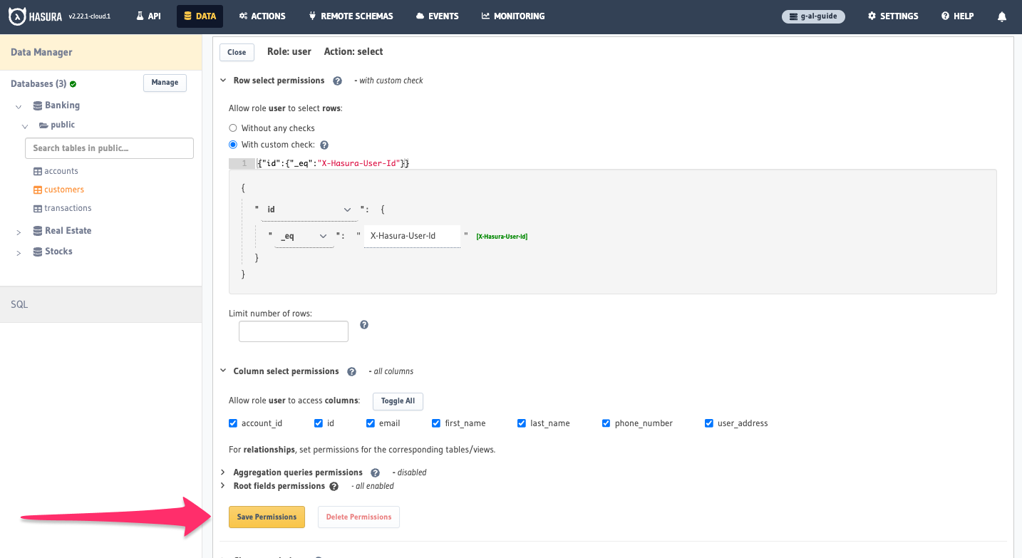 Setting permissions for the user role