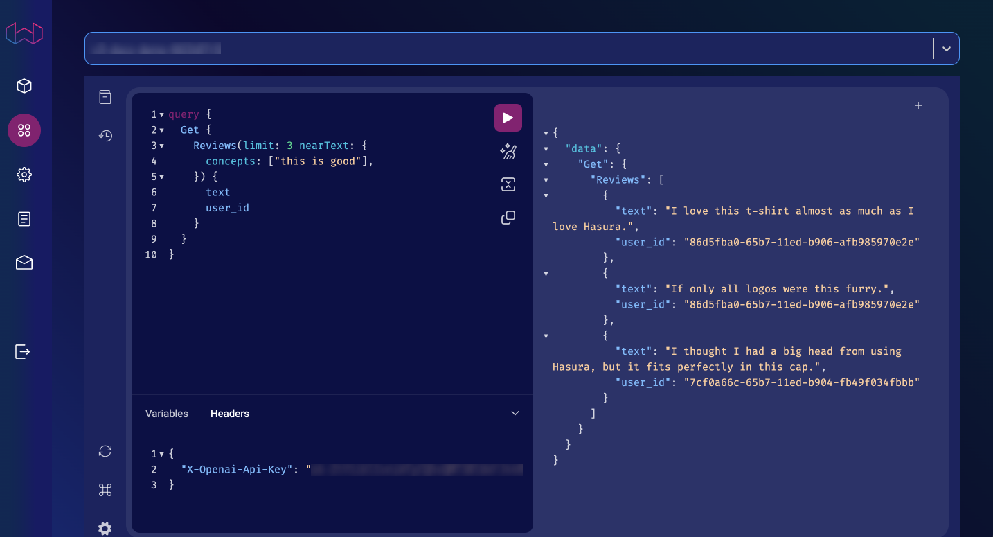 The Weaviate console showing a nearText search