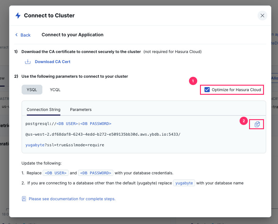 Copy connection string on cluster dashboard