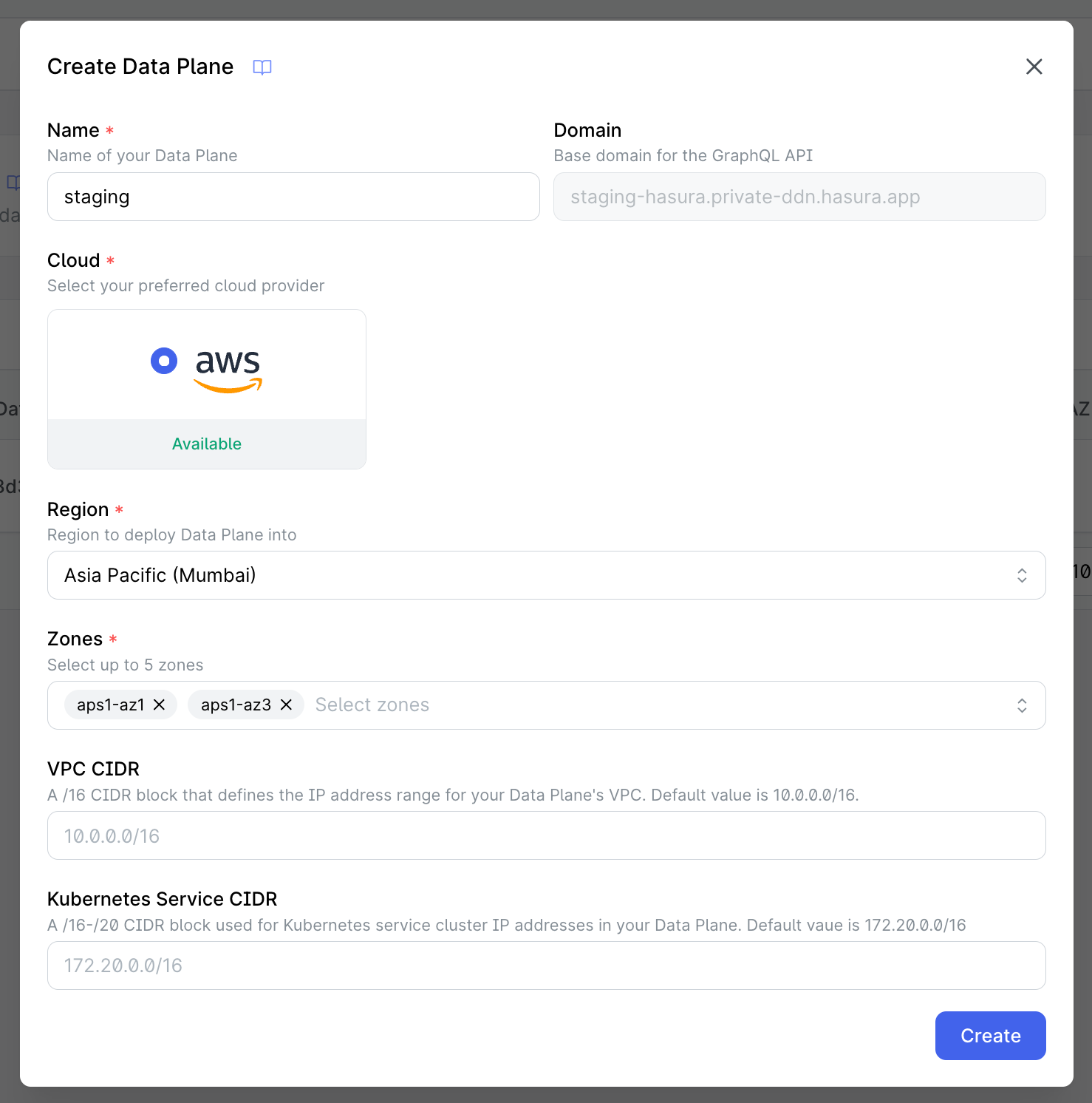 Data Plane Creation Form