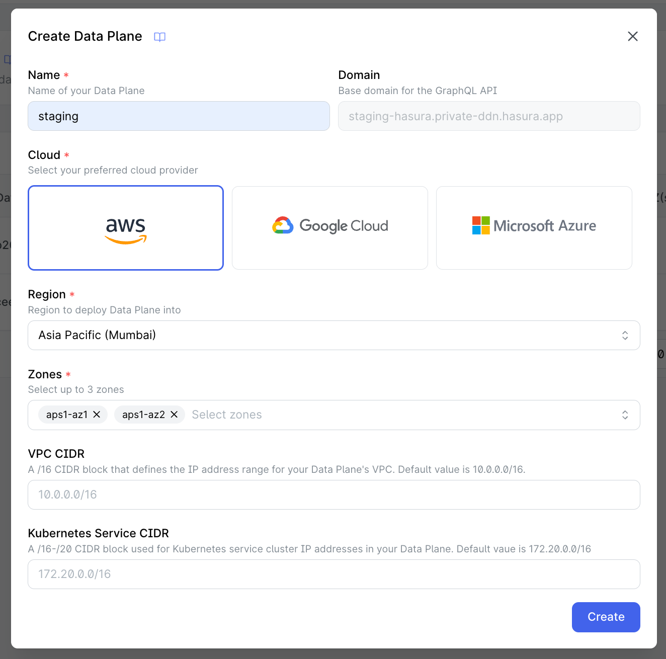 Data Plane Creation Form