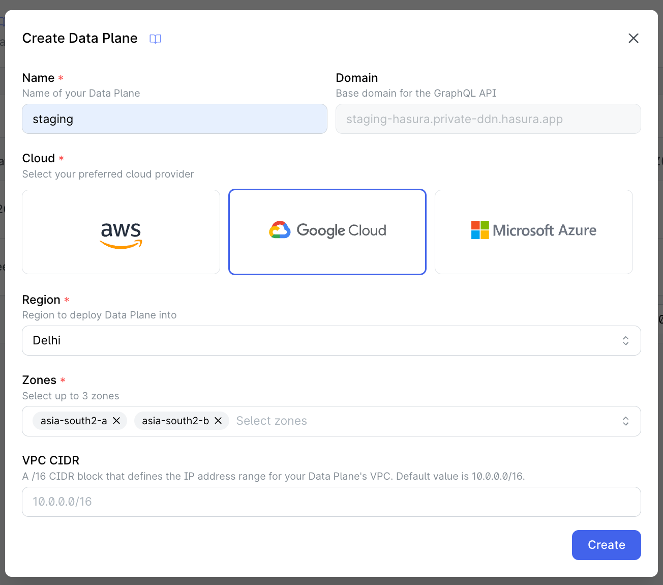 Data Plane Creation Form