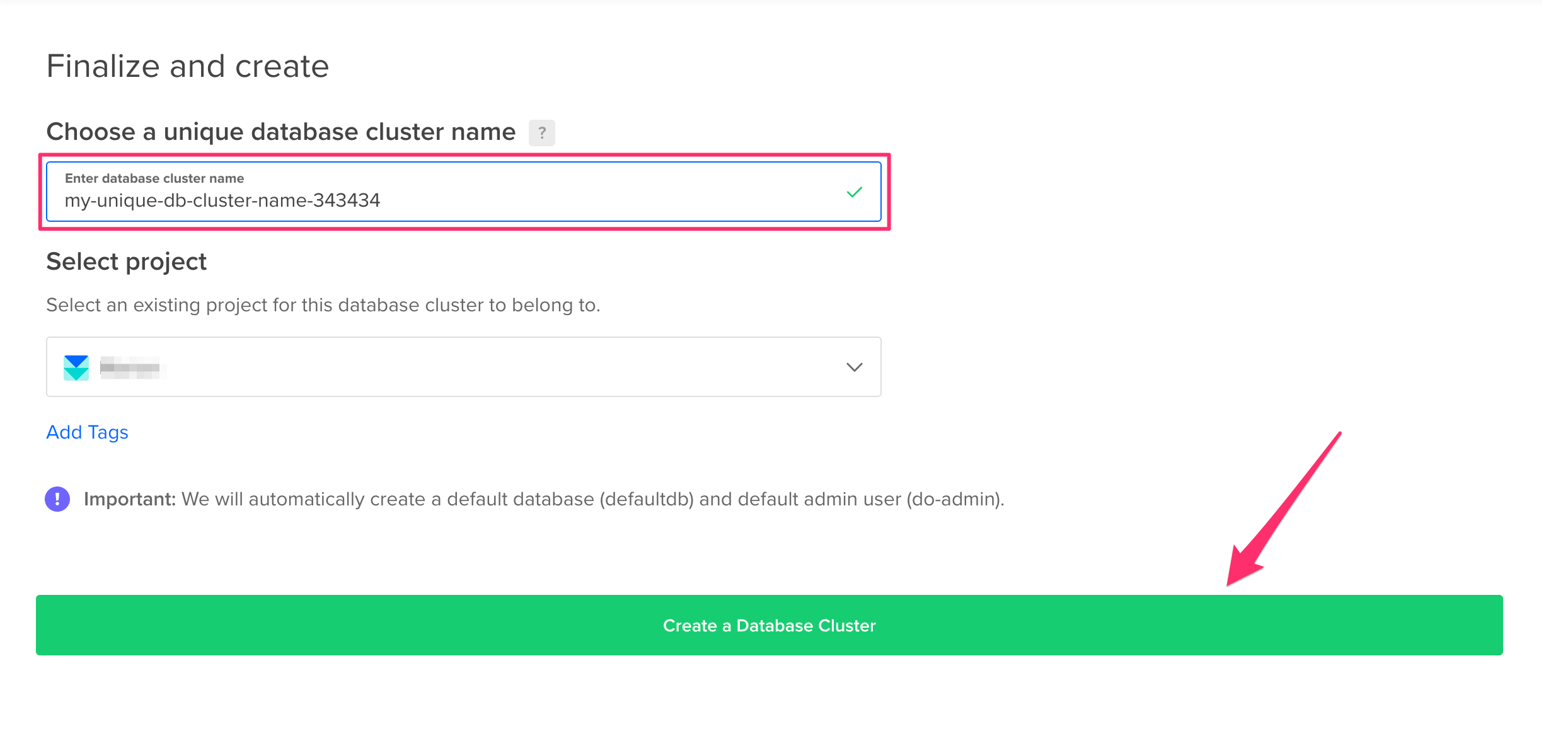 Select cluster name for database on DigitalOcean