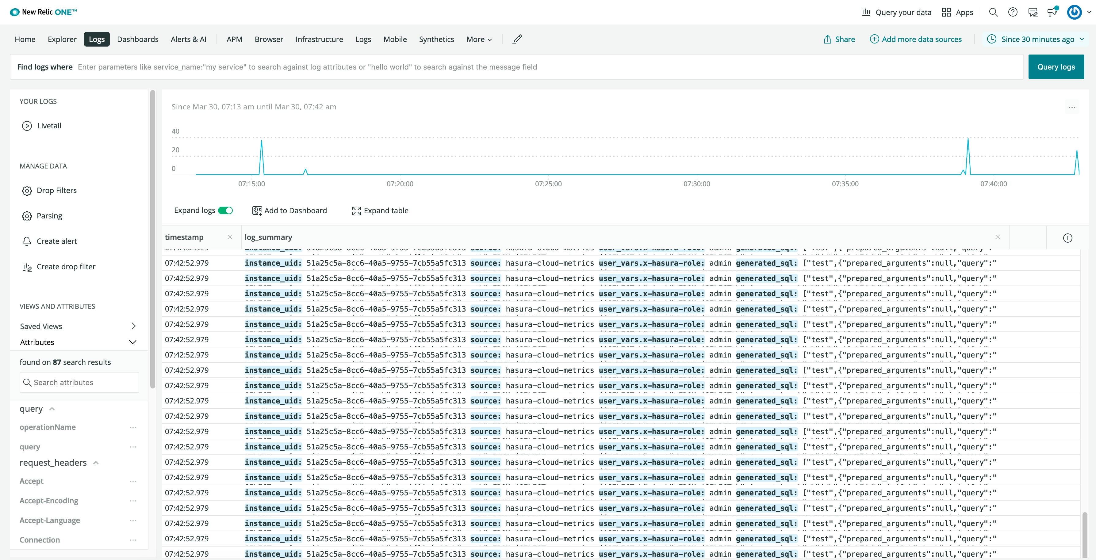 Logs successfully exported to New Relic