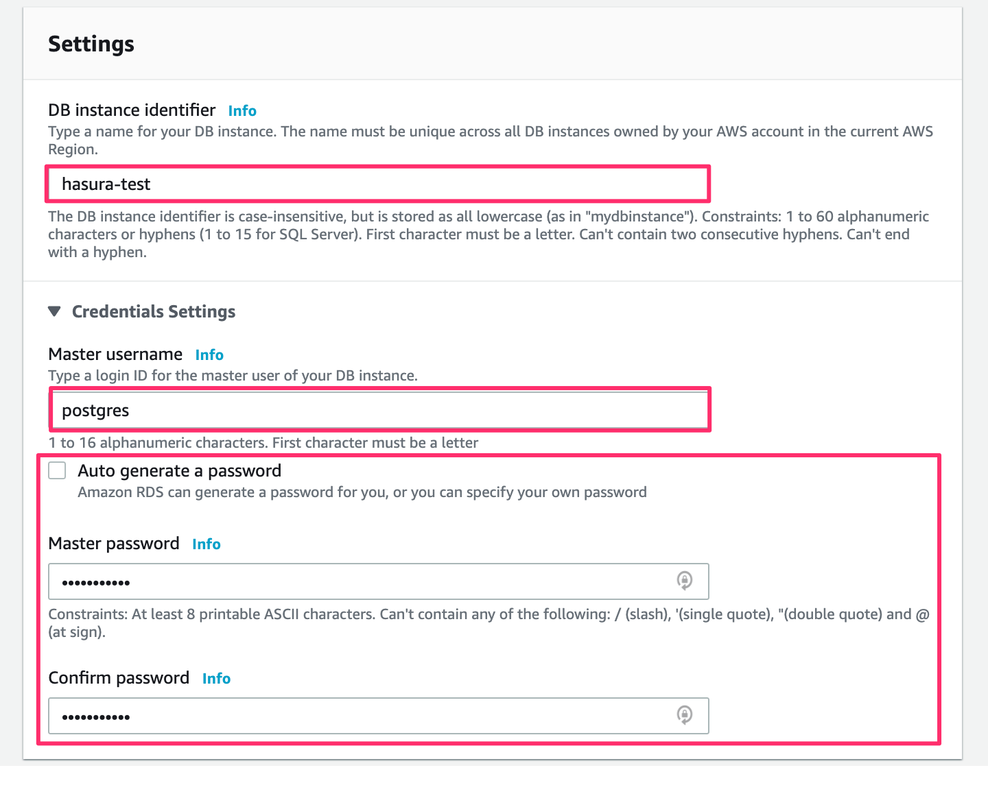 Settings for RDS instance on AWS