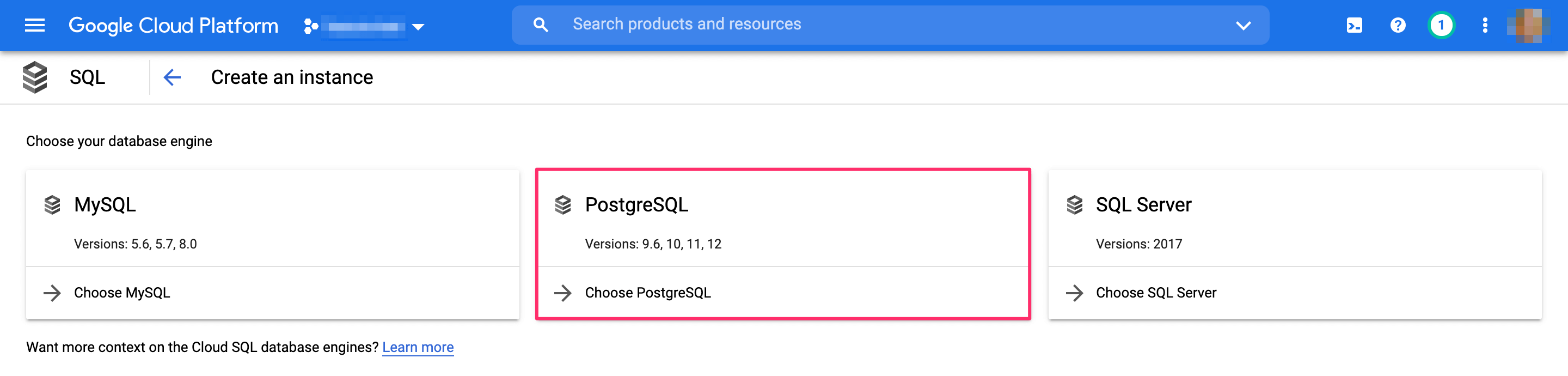 Select Postgres database instance in GCP